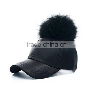 Myfur Wholesale Colors Winter Leather Pom Baseball Cap With Fur Pom Pom