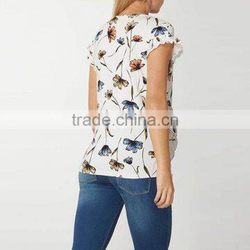 Lvory Jersey T-Shirt With Ruffle Sleeves And Floral Print Fits Comfortably Around Bump Maternity Fashion Clothes Cheap photo-2