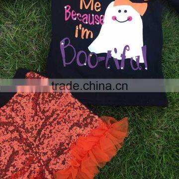 Halloween Gost Sequins Short Outfits Girls Print Suit Long Sleeves Top Set With Matching Necklace and Headbans Set photo-2