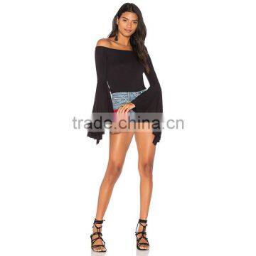 100% Rayon Solid Color Black Bell Sleeve off Shoulder Bardot Top photo-5