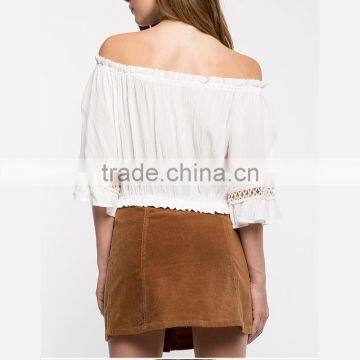 Short Sleeve Plain Textured Woven Women off Shoulder Blouse photo-3