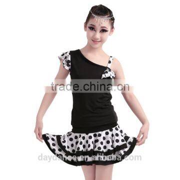 Children Polka Dot Salsa Samba Tango Ballroom Latin Skirts Suit Girls Kids Unequal Dew Shoulder Latin Dance Dress photo-2