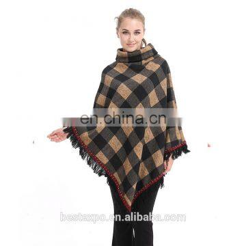 girls custom knit poncho design turtleneck fringe ethnic wind plaid sweater knitting