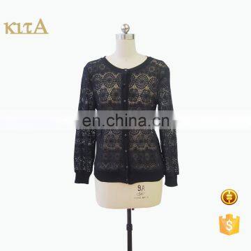 Hot fashion ladies long sleeve round neck black net lace blouse