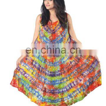 MULTI COLOR TIE DYE RAYON FABRIC UMBRELLA DRESS WITH BLOCK PRINT FREE SIZE