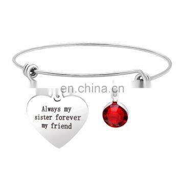 Newest Fashion heart Steel engraved any words bangle adjustable birthstone charm bracelet