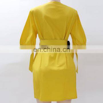LAITE D2150 Autumn Women Causal Dresses Ladies Solid Color Short Sleeve Casual Dress With Belt photo-7