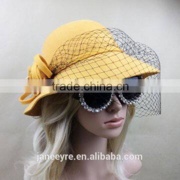 Elegant Veiling Wool Felt Hat With Flower For Women