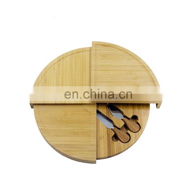 100% Bamboo Pizza Cheese Cutting Board Rotatable with Slid Drawer and 3pcs Knife Set Rotating Serving Display Board