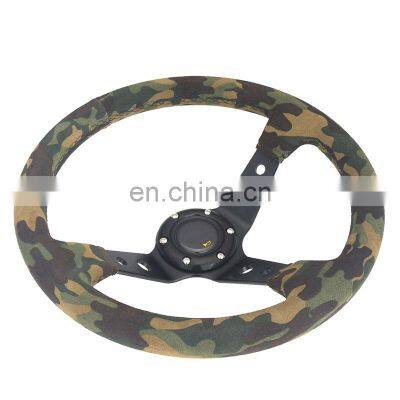 Universal 350mm 3spoke racing car suede steering wheel , matte leather steering wheel camouflage