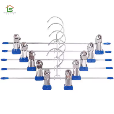 OEM Household Metal Pants Skirt Hangers With Clips Wire Trousers Hangers for Cloths Metal Clothes Pant Hanger photo-3