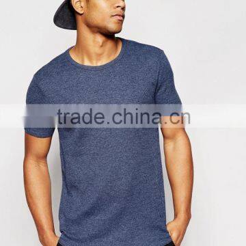 2016 Spring Short Sleeve Navy Tight Skinny Muscle Fit Longline Mens Curved Hem T-Shirt