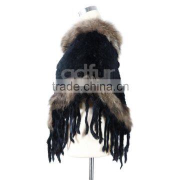 QD200121 Excellent Quality Women Wear Knit Winter Rabbit Fur Ponchos Sale With Raccoon Dog Fur Trim Long Fringes photo-2