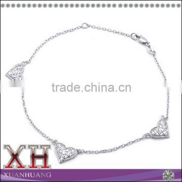 3A Cubic Zircon Three Heart Charm 925 Silver Chain Bracelet