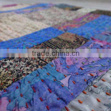 Queen Patchwork Kantha Quilt, Handmade bedspread India, Printed Patches, Cotton Bedspread, Handmade Quilt