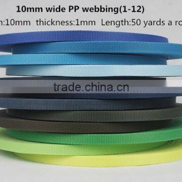 wholesales 10mm pp webbing belt in stock with multi-color ,webbing tape(1-12)