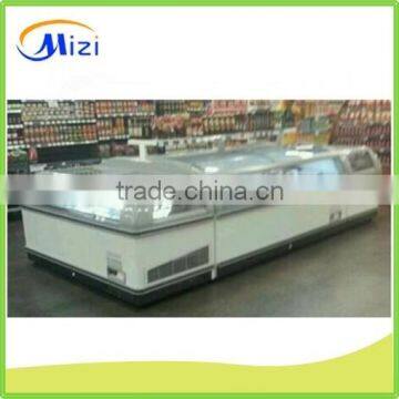 Island freezer meat storage in the supermarket glass chest freezer