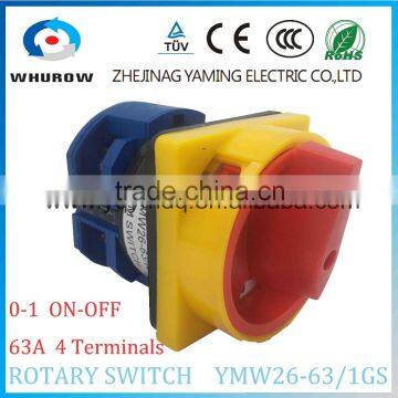 Cam switch YMW26-63/1GS with padlock changeover rotary switch 1 stage 2 positions on-off 4 terminals 63A Ui 690V sliver contacts