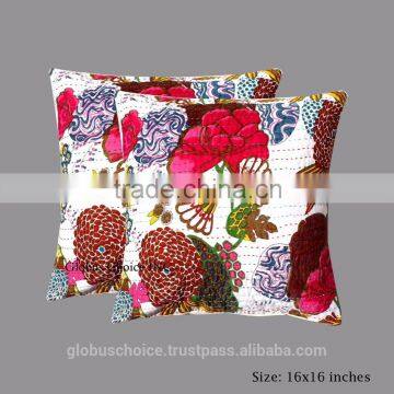 Indian Pillow Case Kantha White Floral Cushion Cover