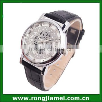 High Quality Silvery Color Black Leather Strap Lady Skeleton Wrist Watch