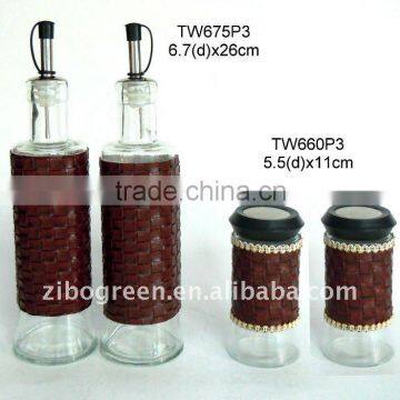 round glass condiment jar set with leather coating (TW675P3,TW660P3)