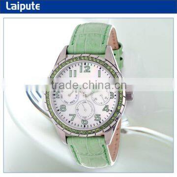 Lime Green Leather, and Crystal Quartz Stainless Steel Watch Water Resistant