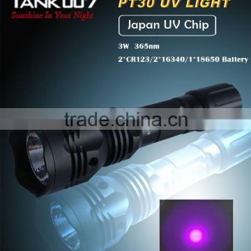 3W 365nm high power rechargeable uv led flashlight PT30