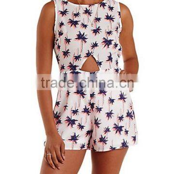 Dongguan supplier 2015 sexy backless playsuit, woman sleeveless printed paysuits