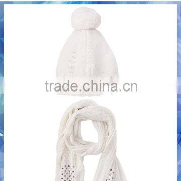 beaded knit hat scarf set/acrylic hat scarf set/white hat scarf set