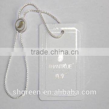 Hot stamping silver white paper hangtag with plastic string tag