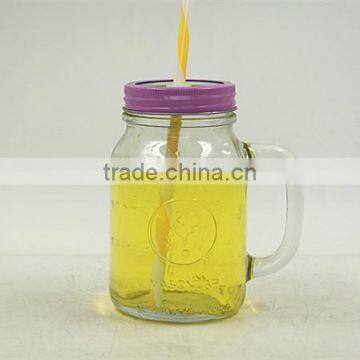 wholesale glass mason jar with handle and paper straw, metal lid 480ML scale mark