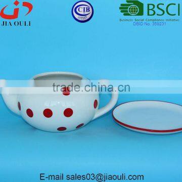 Home & Garden Decration Ceramic Teapot Shape Flower Pot With Red Polka Dots photo-2
