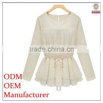 office ladies elegant ruffled white lace fabric blouses with drawstring