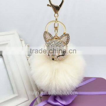 Fahsion Fox Head Faux Fur Keychain HandBag Rhinestone Pendant Charm Soft Car Key Ring 4 Colors Fmq-11 photo-3