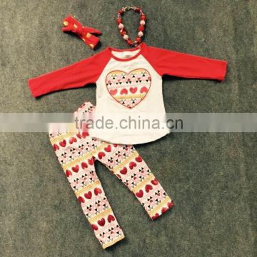 2016 Valentine's day baby girl clothes hot sell outfits heart aztec pant with matching necklace and headband set