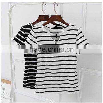 Girls Cheap Plain v Neck Stripe t Shirt With Ring Low Moq Wholesale Price photo-3