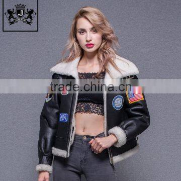 New 2017 women sheepskin fur coat bomber jacket leather motorcycle jacket