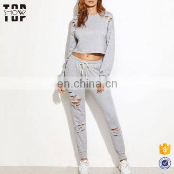 New design track suit crop top with drawstring waist pants blank tracksuit wholesale