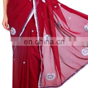 Designer Fancy Embrided Resham Work Georgette Red Saree Sari photo-2