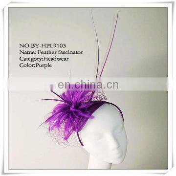 fashion feather band hair fascinators with elegant purple feather for lady decoration