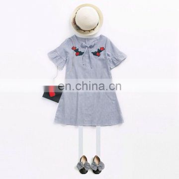 Childrenswear 2020 Summer Girls A- Line Dress Summer Girls Dress Flower Embroidered Stripes