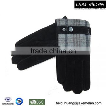 Lady's Pu/Fabric Checked Pattern Glove With Metal Button For AW 16 LMSL-008