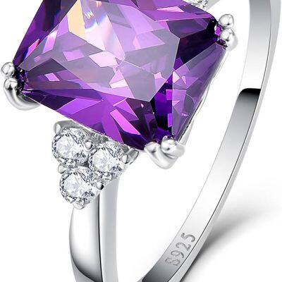 Women's Purple Amethyst Ring 925 Sterling Silver White Gold/14K Gold Plated Amethyst Engagement Ring February Birthstone Rings Prong Setting Cubic Zirconia