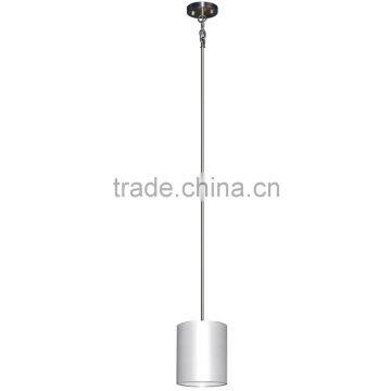 1 light pendant(Lustre/La arana) in satin steel finish with a round 8" pristine white fabric shade