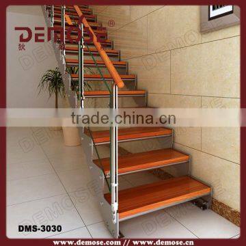 wood attic stairs with wood steps and stainless steel balustrade