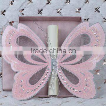 Hot sale luxurious elegant pink laser cut butterfly scroll wedding invitations                        
                                                Quality Choice