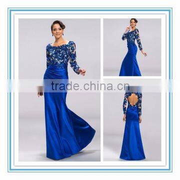 2015 Fashion Scoop Neck Sequin Appliques Long Sleeve Backless Satin Floor Length Mother of the Bride Dress (DVMD-2992)
