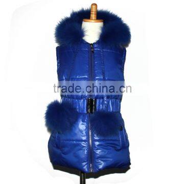 Dk002v Women royal blue fur pom poms down vest