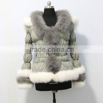 Women's clothing winter hot sale grey and white down jacket with fox fur hood