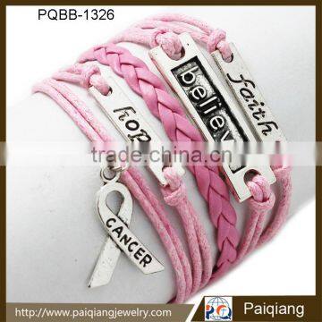 Newest design fashion vintage pink leather initial faith believe hope religious handmade bracelet